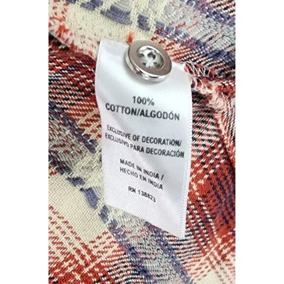 Idyll Wind Shirt Womens Large Red Cream Plaid Flannel Beaded Fringed Western Top - Picture 13 of 14